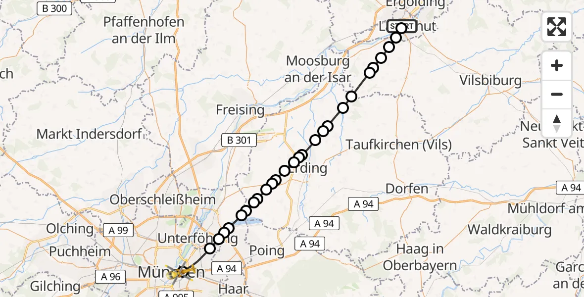Flugroute Rettungshubschrauber Landshut Hospital - Rechts der Isar University Hospital, 17 März 2026, 13:43