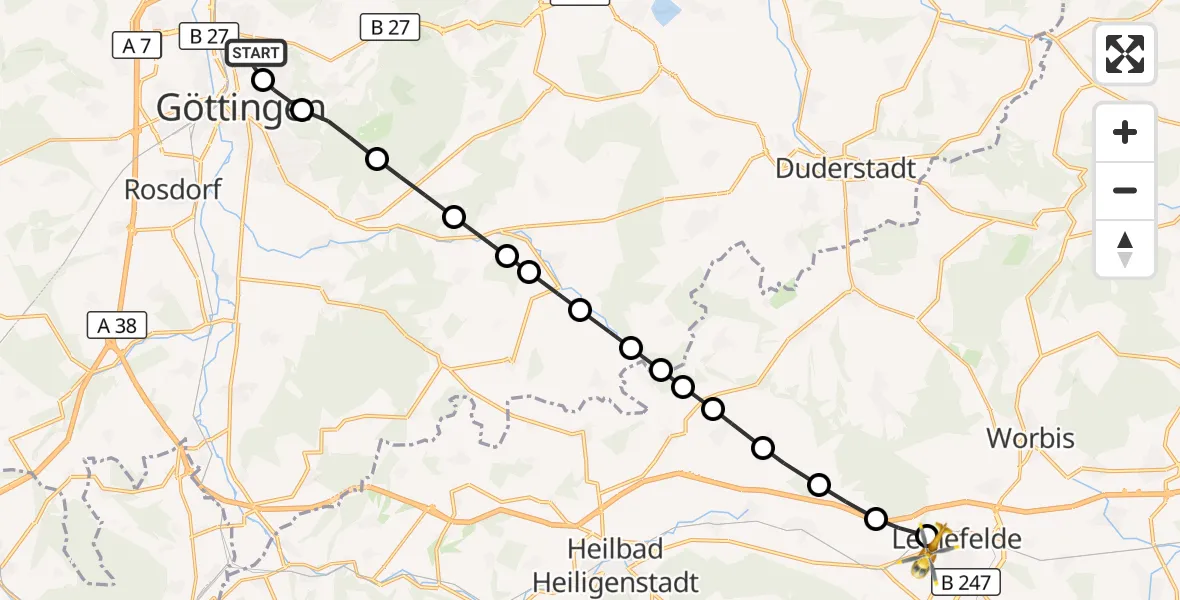 Flugroute Rettungshubschrauber Göttingen University Clinic Heliport - Leinefelde, 17 März 2026, 13:52
