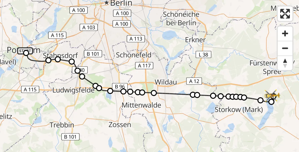 Flugroute Rettungshubschrauber Ernst von Bergmann Clinic Heliport - Bad Saarow, 17 März 2026, 14:00