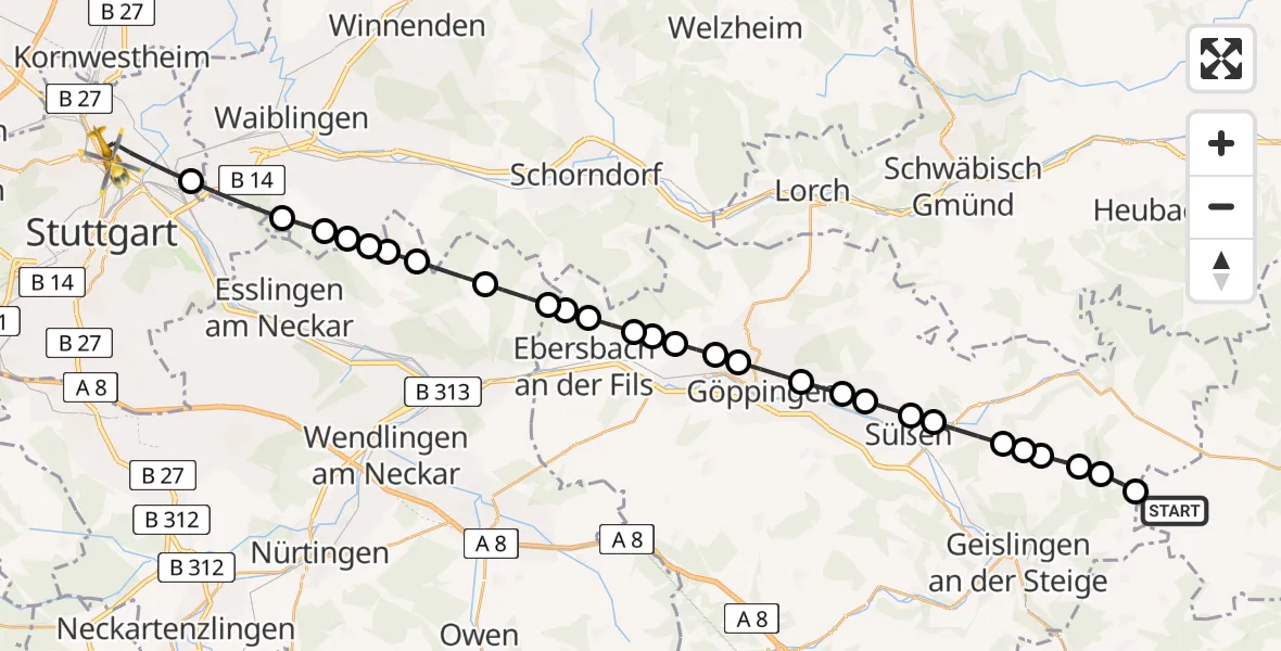 Flugroute Rettungshubschrauber Gussenstadt - Stuttgart, 17 März 2026, 14:13