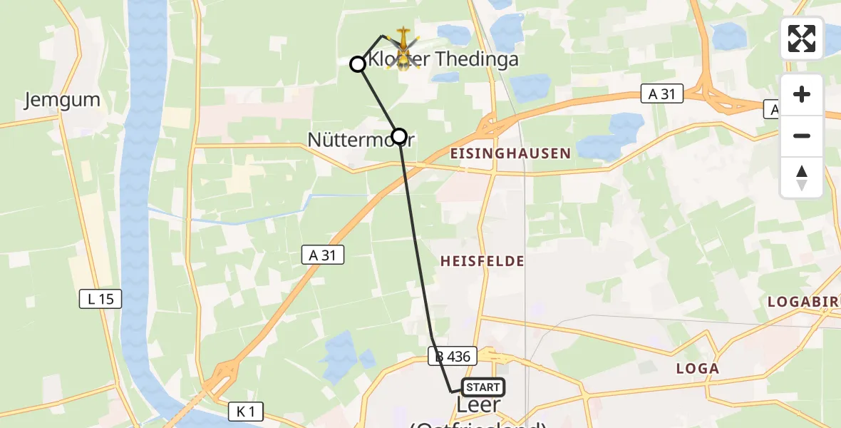 Flugroute Rettungshubschrauber Leer (Ostfriesland) - Flugplatz Leer-Papenburg, 17 März 2026, 14:13