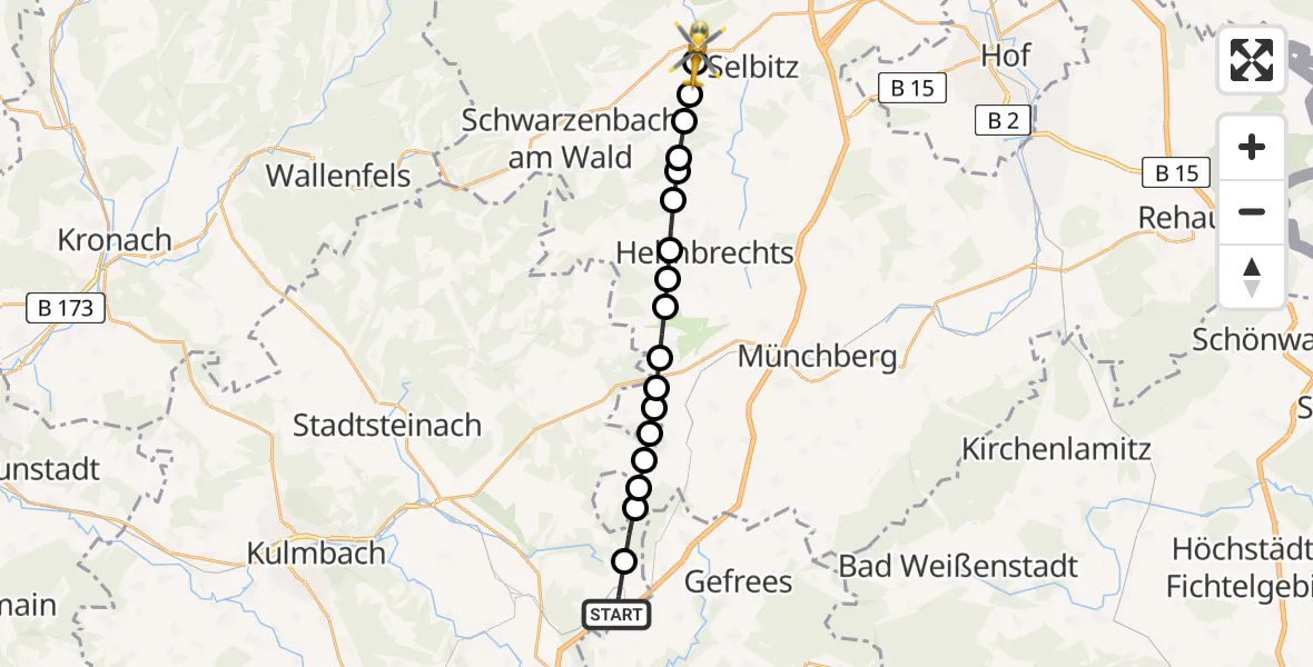 Routekaart van de vlucht: Rettungshubschrauber nach Naila, B 173