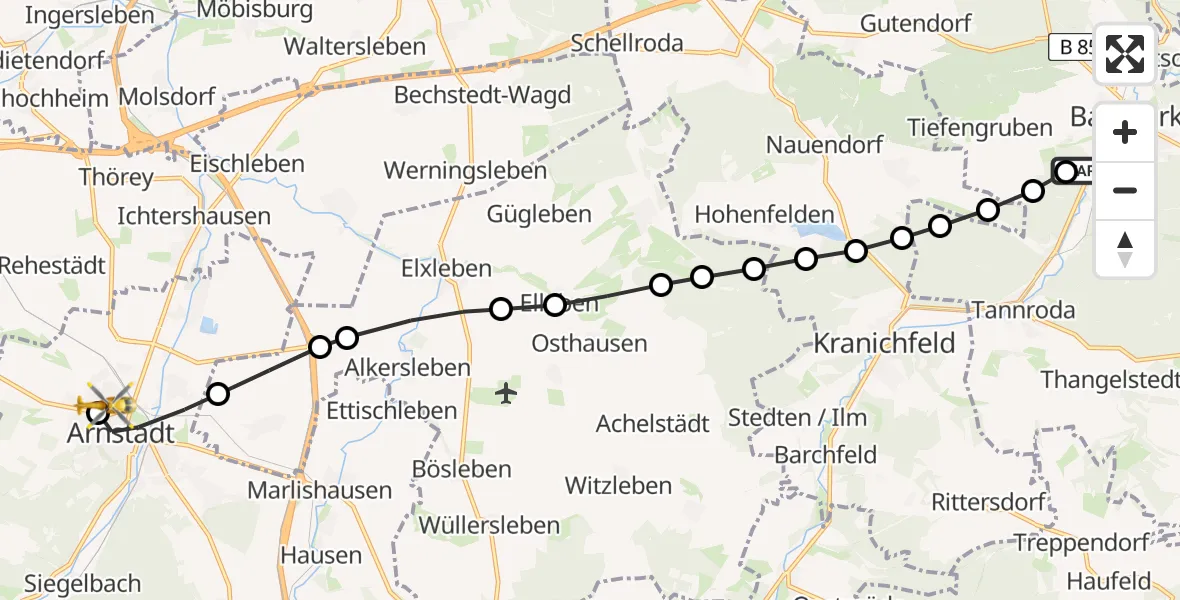 Flugroute Ambulanzhubschrauber Bad Berka Central Hospital - Ilm District Hospital Arnstadt-Ilmenau, 17 März 2026, 14:19