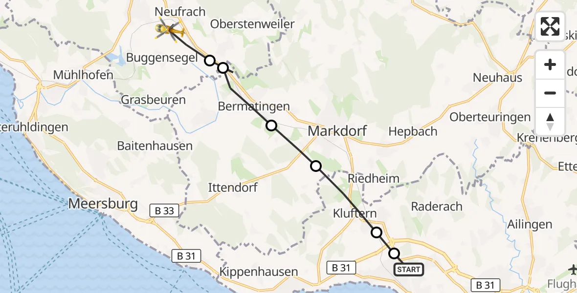 Flugroute Rettungshubschrauber Friedrichshafen Hospital - Neufrach, 17 März 2026, 14:22