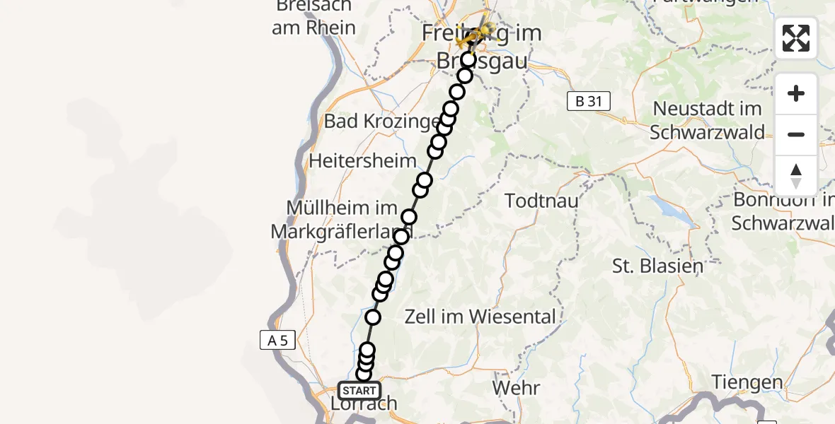 Flugroute Rettungshubschrauber Lörrach (Kernstadt) - Freiburg University Hospital Heliport 1, 17 März 2026, 14:31