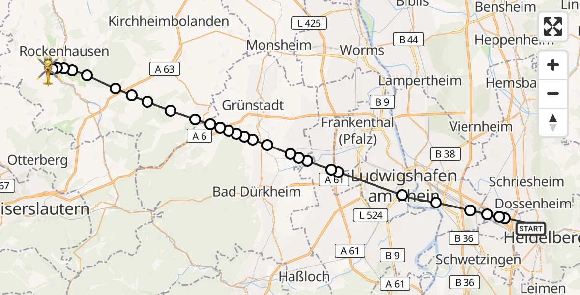 Flugroute Rettungshubschrauber Heidelberg - Imsweiler UL, 17 März 2026, 14:38