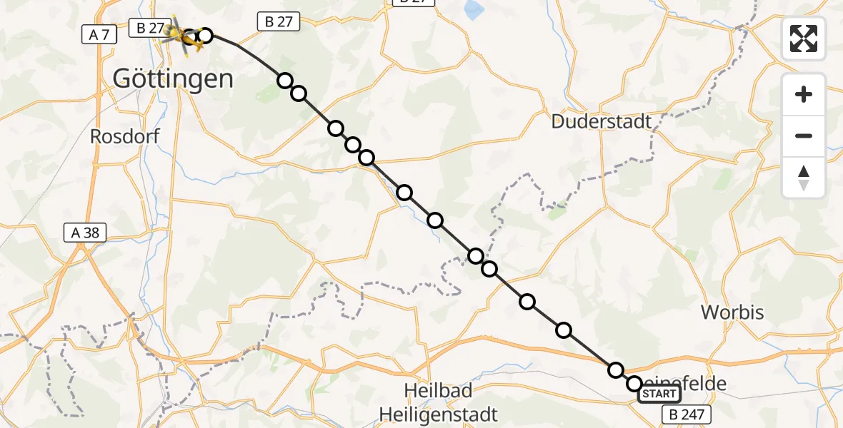 Flugroute Rettungshubschrauber Leinefelde - Göttingen University Clinic Heliport, 17 März 2026, 14:38