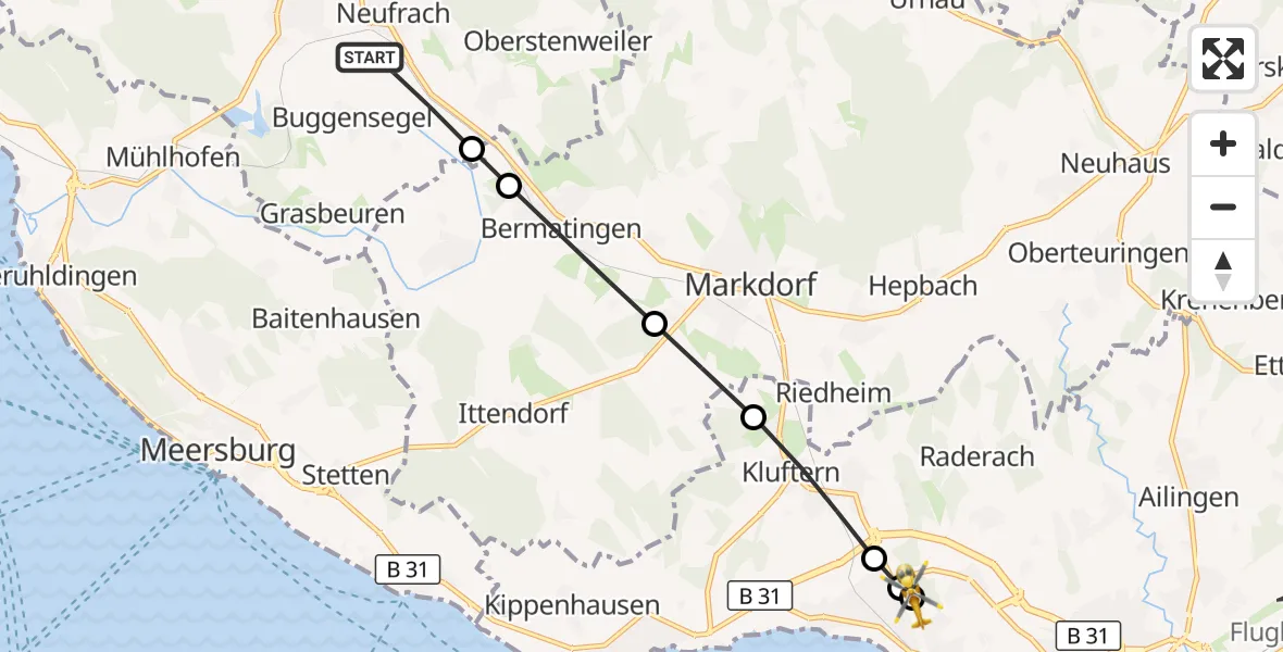 Flugroute Rettungshubschrauber Neufrach - Friedrichshafen Hospital, 17 März 2026, 14:44