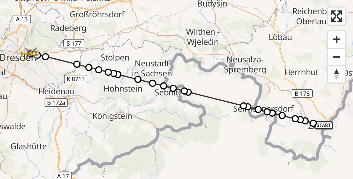 Flugroute Rettungshubschrauber Zittau - Dresden University Hospital, 17 März 2026, 15:01