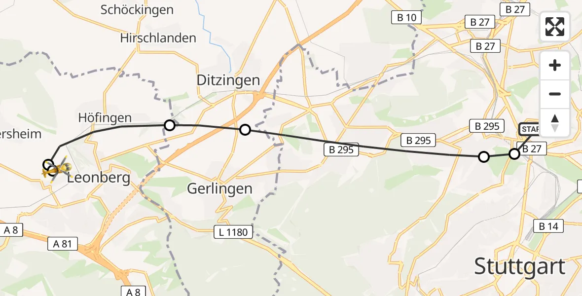 Flugroute Rettungshubschrauber Stuttgart - Leonberg Hospital, 17 März 2026, 15:04