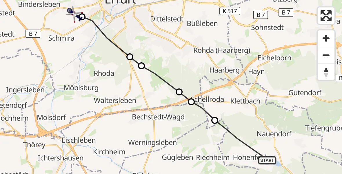 Flugroute Polizeihubschrauber Hohenfelden - Erfurt, 17 März 2026, 15:04