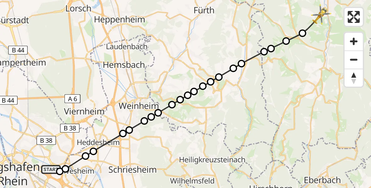 Flugroute Rettungshubschrauber Mannheim-City Airport - Erbach, 17 März 2026, 15:05