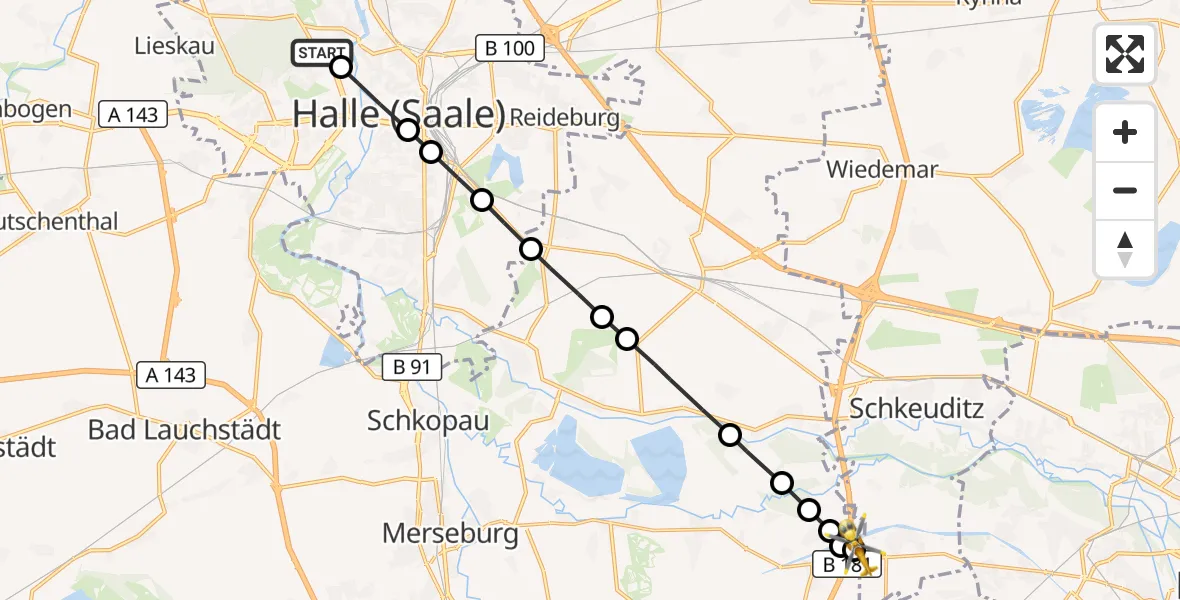 Flugroute Rettungshubschrauber Halle (Saale) University Hospital - ADAC Air Rescue Station Leipzig/Schkeuditz-Dölzig Heliport (Christoph 61), 17 März 2026, 15:11