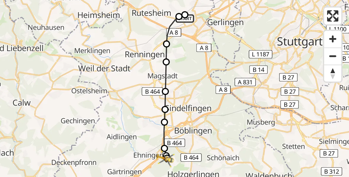 Flugroute Rettungshubschrauber Leonberg Hospital - Ehningen, 17 März 2026, 15:19