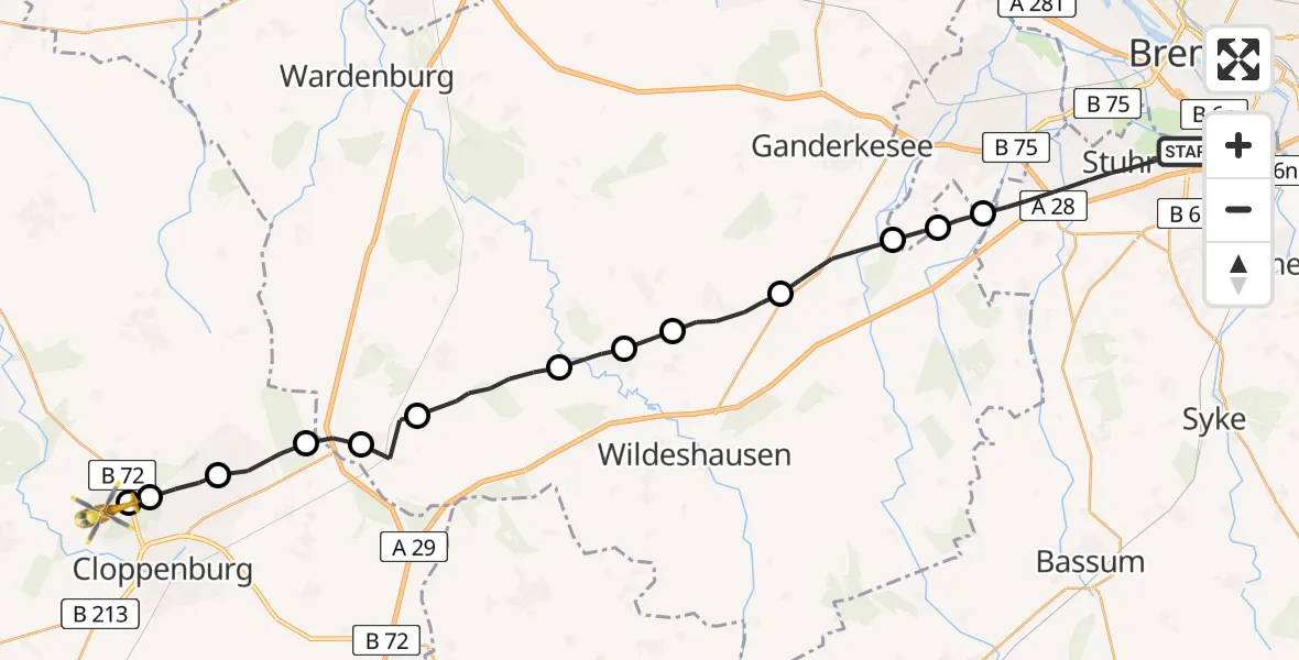 Flugroute Rettungshubschrauber Stuhr - Ambühren, 17 März 2026, 15:20
