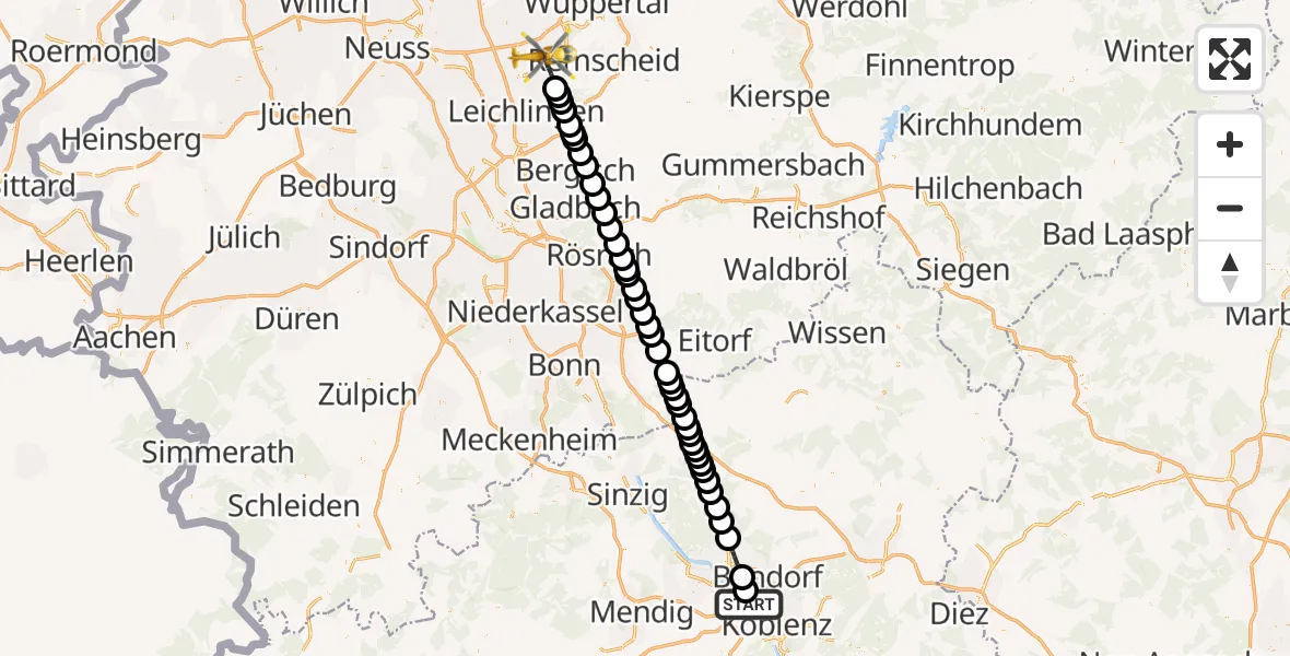 Flugroute Ambulanzhubschrauber Mülheim-Kärlich - Solingen, 17 März 2026, 15:22