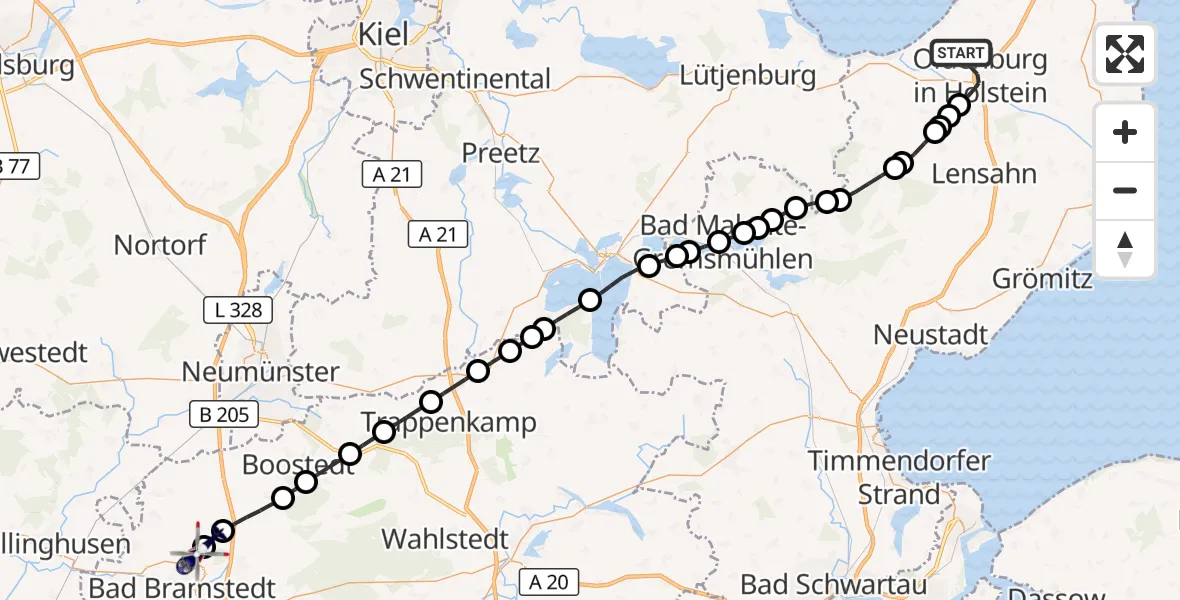 Flugroute Polizeihubschrauber Oldenburg in Holstein - Bad Bramstedt Heliport, 17 März 2026, 15:29