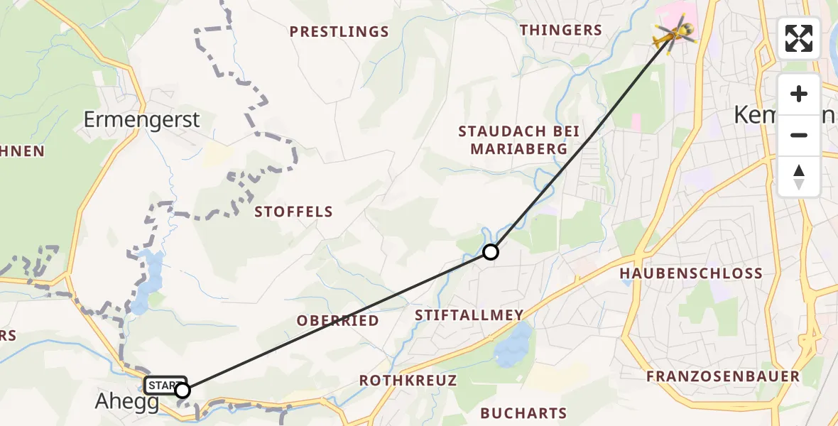 Flugroute Rettungshubschrauber Kempten (Allgäu) - Kempten (Allgäu), 17 März 2026, 15:40