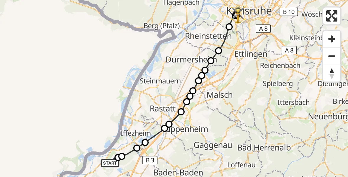 Flugroute Rettungshubschrauber Karlsruhe Baden-Baden Airport - Sankt Vincentius Hospital, 17 März 2026, 15:43