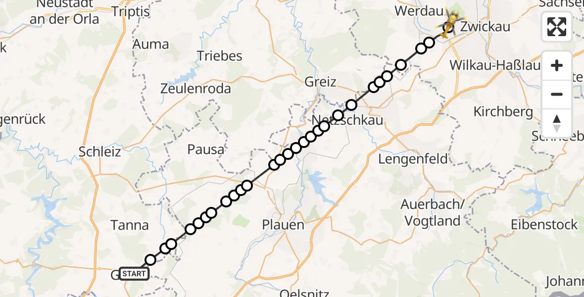 Routekaart van de vlucht: Rettungshubschrauber nach ADAC Air Rescue Station Zwickau Heliport