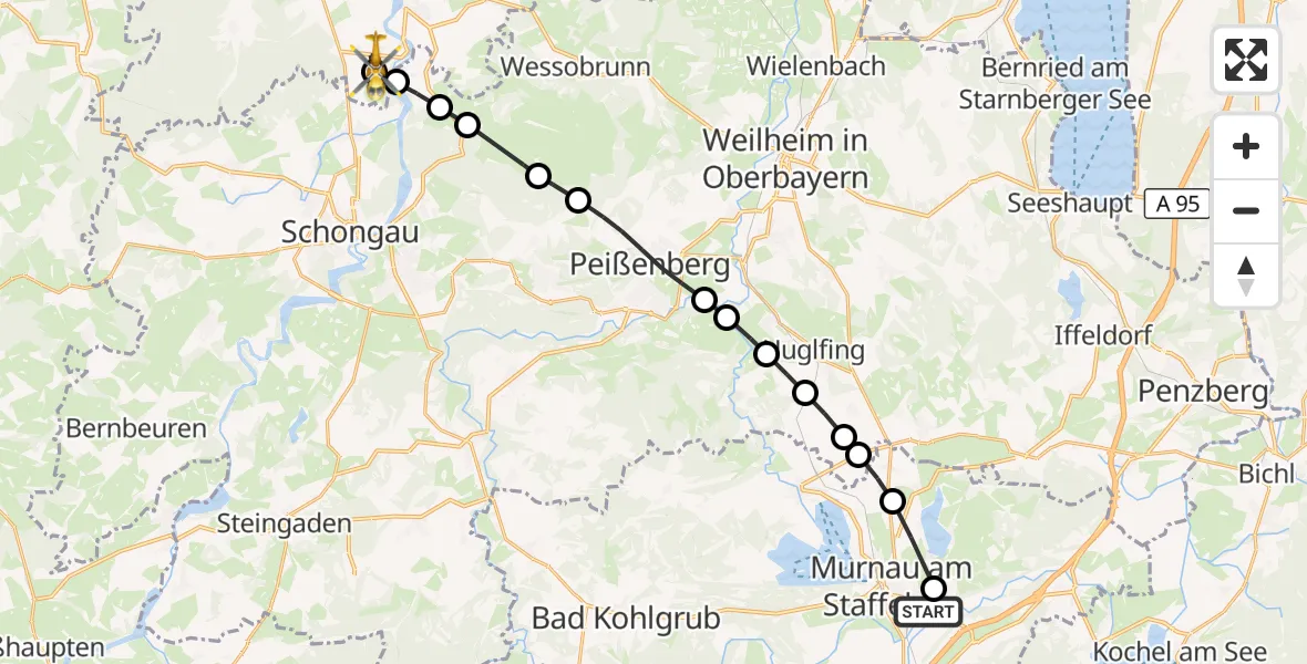 Flugroute Rettungshubschrauber Hechendorf - Kinsau, 17 März 2026, 16:01