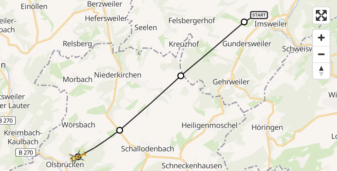 Flugroute Rettungshubschrauber Imsweiler UL - Olsbrücken, 17 März 2026, 16:03