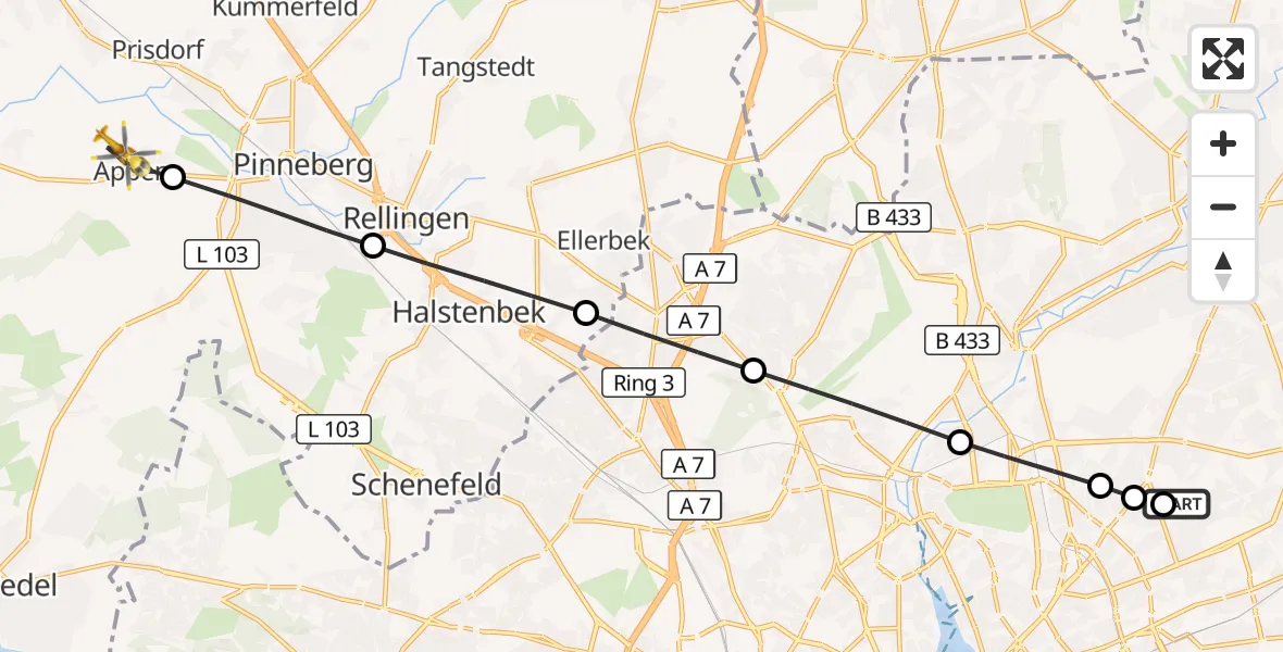 Flugroute Rettungshubschrauber Hamburg Military Hospital - Appen, 17 März 2026, 16:04