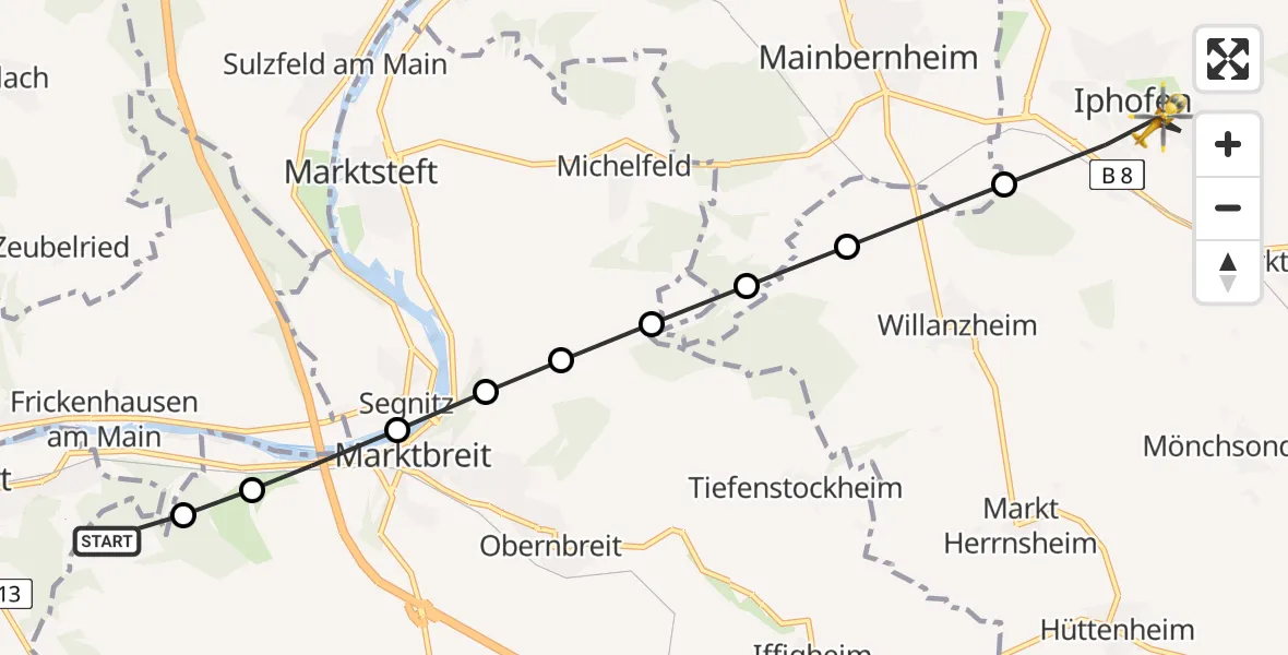 Flugroute Rettungshubschrauber Marktbreit - Iphofen, 17 März 2026, 16:05