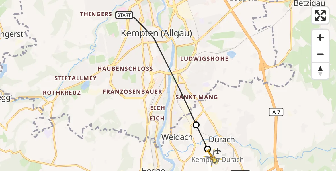 Flugroute Rettungshubschrauber Kempten (Allgäu) - Kempten-Durach Airfield, 17 März 2026, 16:11