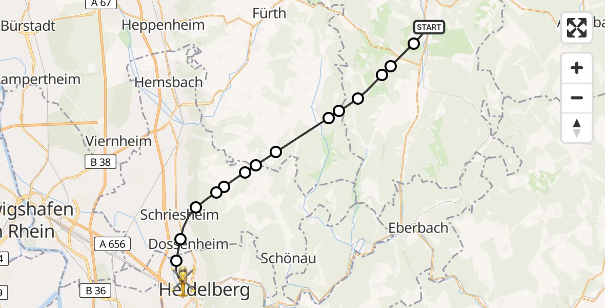 Flugroute Rettungshubschrauber Lauerbach - Heidelberg, 17 März 2026, 16:13