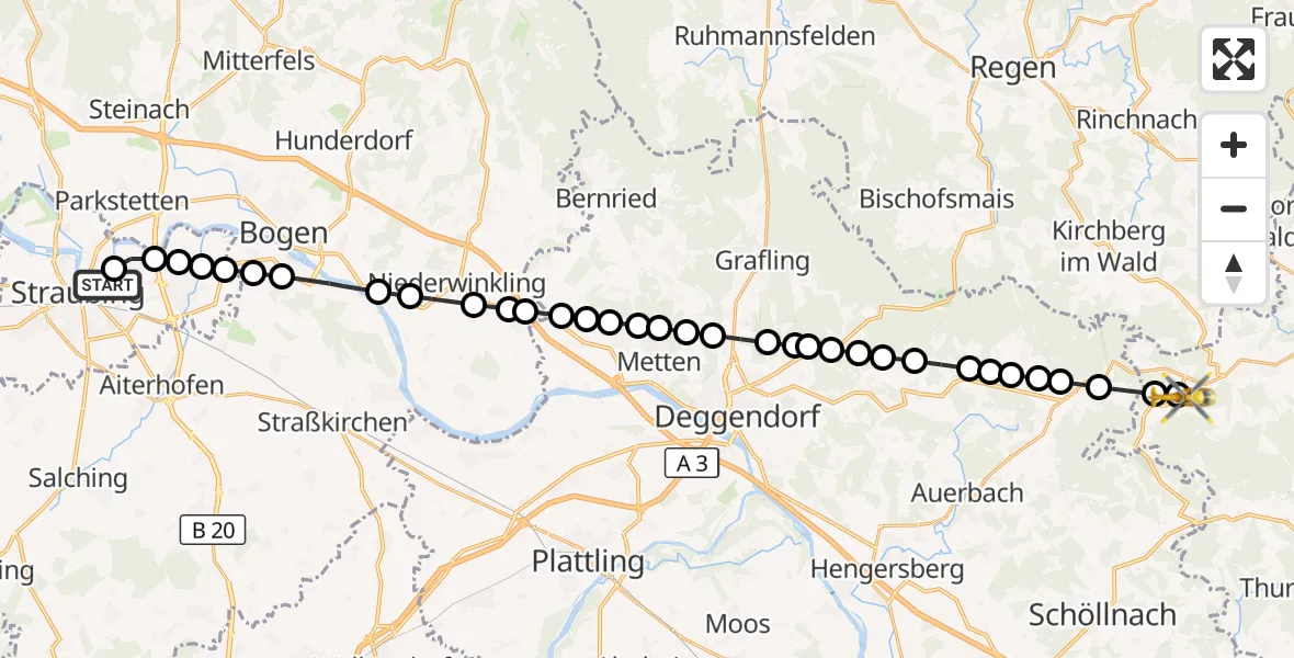 Flugroute Rettungshubschrauber Sankt Elisabeth Hospital Straubing - Freundorf, 17 März 2026, 16:18