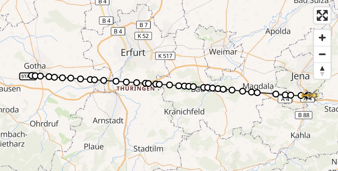 Flugroute Ambulanzhubschrauber Helios Clinic Gotha - Jena University Hospital, 17 März 2026, 16:22