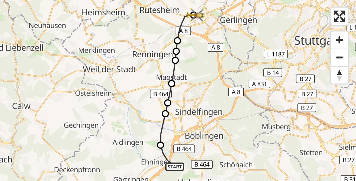 Flugroute Rettungshubschrauber Ehningen - Leonberg Hospital, 17 März 2026, 16:26