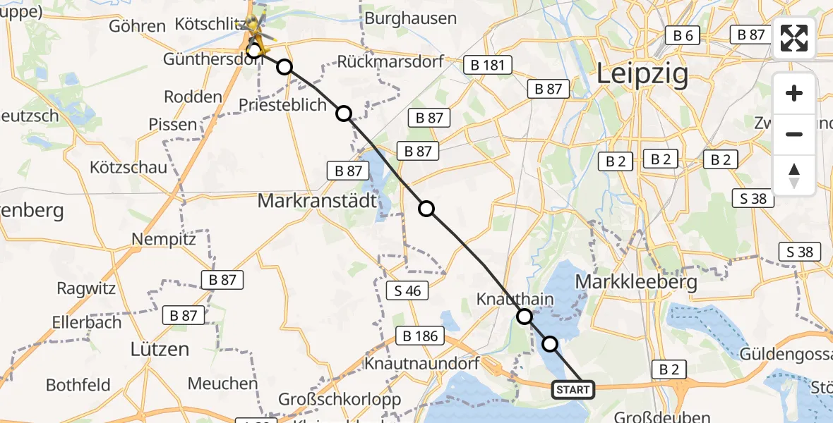 Flugroute Rettungshubschrauber Zwenkau - ADAC Air Rescue Station Leipzig/Schkeuditz-Dölzig Heliport (Christoph 61), 17 März 2026, 16:30