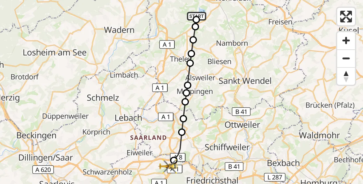 Flugroute Rettungshubschrauber Bosen - Heusweiler, 17 März 2026, 16:41