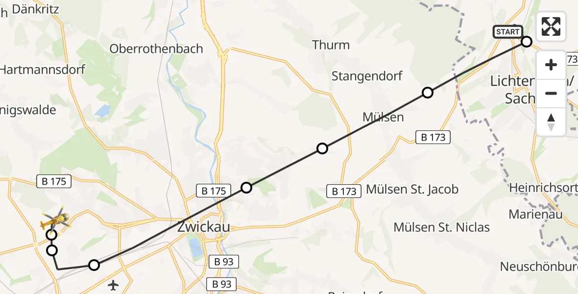 Routekaart van de vlucht: Rettungshubschrauber nach ADAC Air Rescue Station Zwickau Heliport