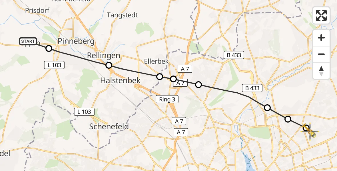 Flugroute Rettungshubschrauber Appen - Hamburg Military Hospital, 17 März 2026, 16:45