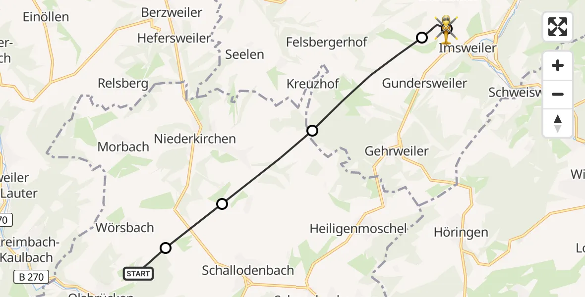 Flugroute Rettungshubschrauber Olsbrücken - Imsweiler UL, 17 März 2026, 16:44