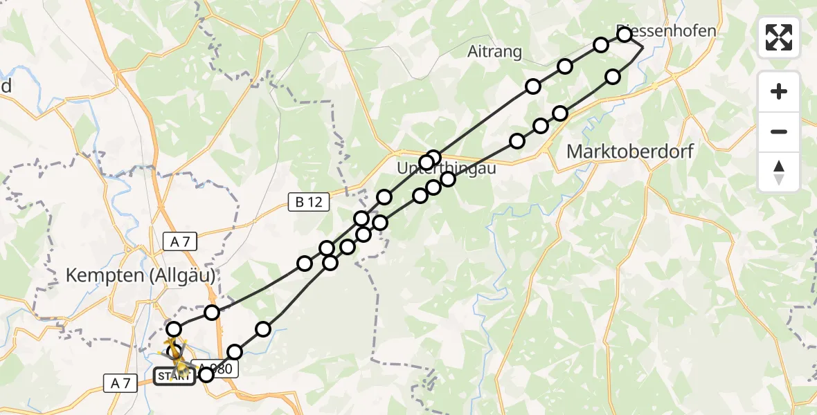 Flugroute Rettungshubschrauber Graben - Kempten-Durach Airfield, 17 März 2026, 17:00