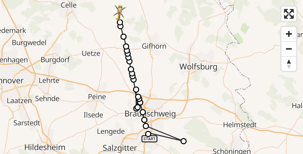 Flugroute Rettungshubschrauber Wolfenbüttel - Hohne, 17 März 2026, 17:01