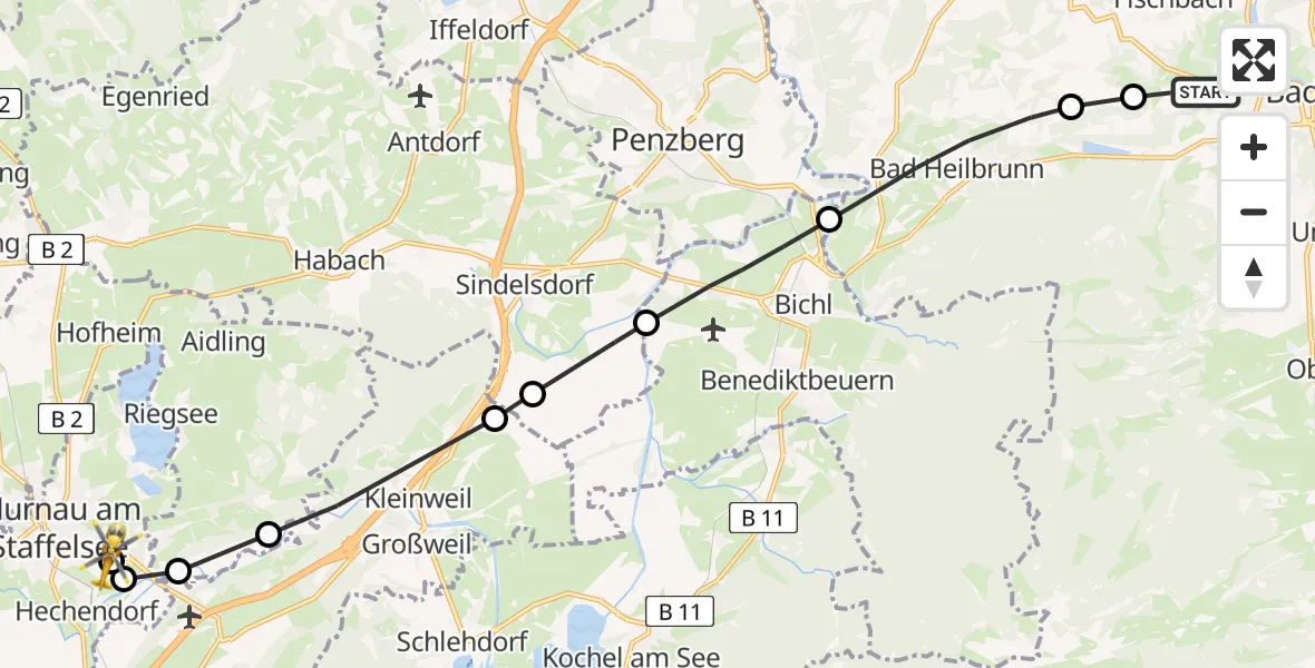 Flugroute Rettungshubschrauber Oberfischbach - Murnau Accident Hospital, 17 März 2026, 17:03