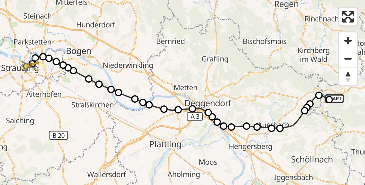 Flugroute Rettungshubschrauber Freundorf - Sankt Elisabeth Hospital Straubing, 17 März 2026, 17:05