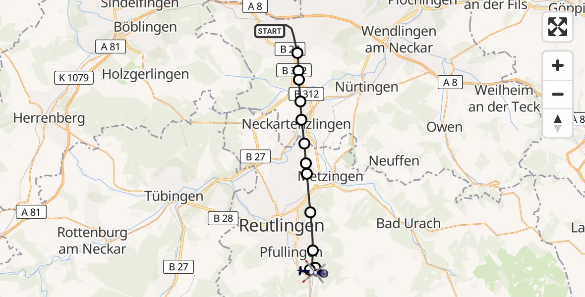 Flugroute Polizeihubschrauber Stuttgart Airport - Lichtenstein, 17 März 2026, 17:05