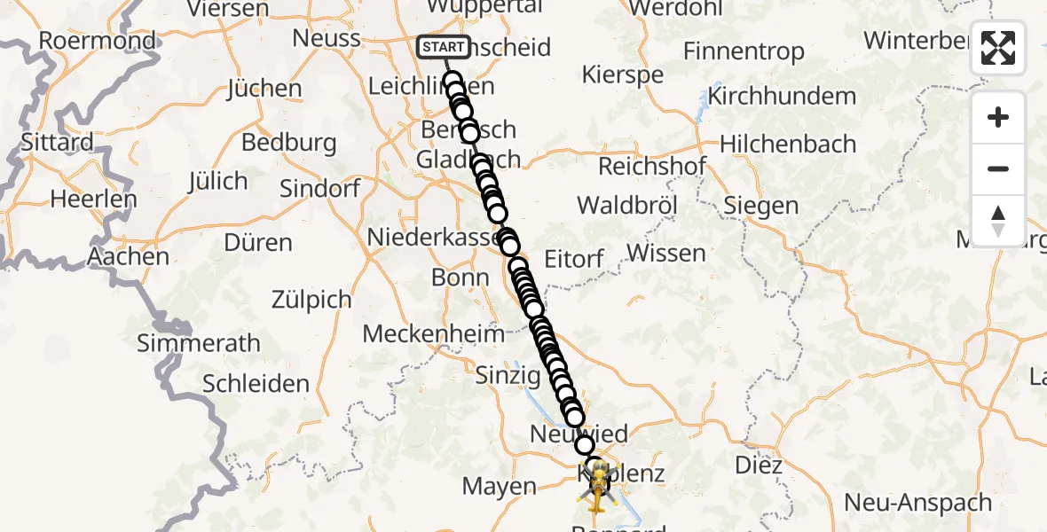 Flugroute Ambulanzhubschrauber Solingen - Koblenz-Winningen Airfield, 17 März 2026, 17:06