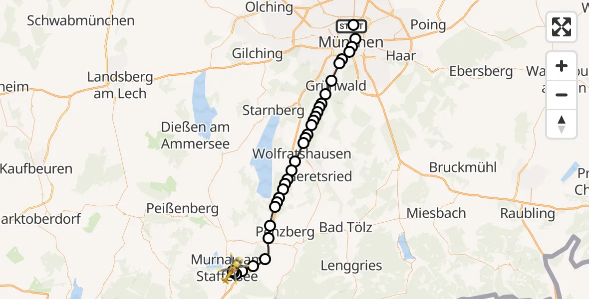 Flugroute Rettungshubschrauber München - Murnau Accident Hospital, 17 März 2026, 17:07