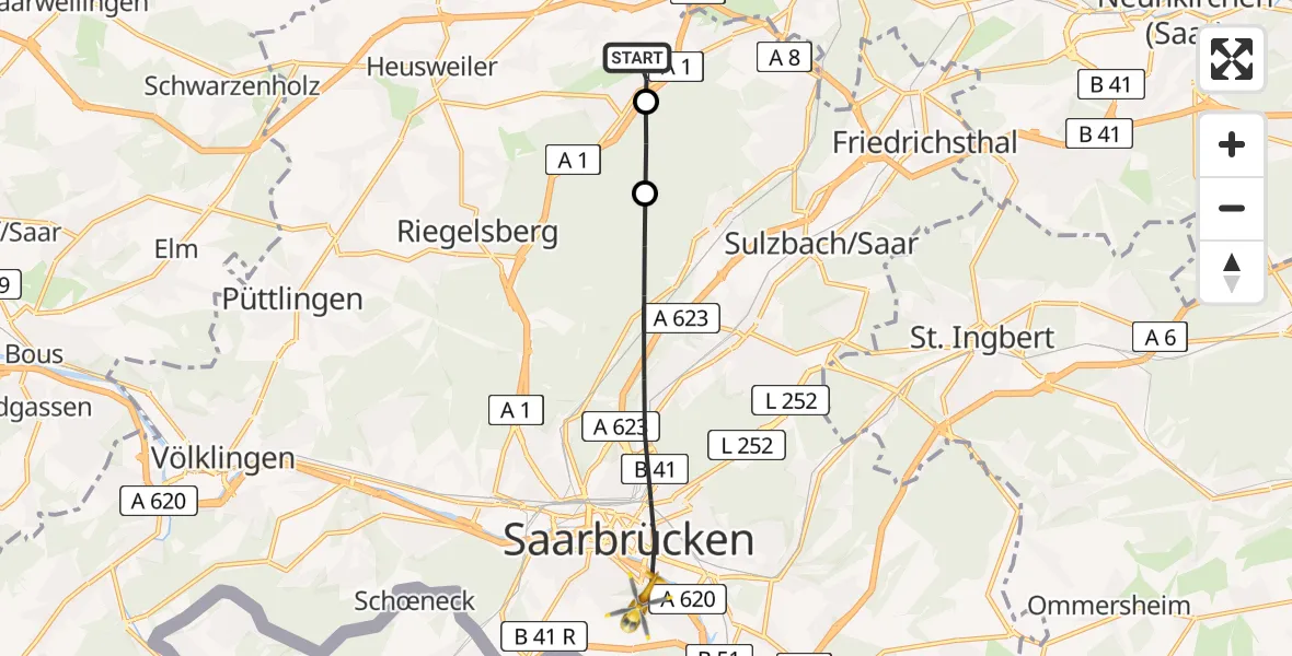 Flugroute Rettungshubschrauber Heusweiler - Saarbrücken, 17 März 2026, 17:11