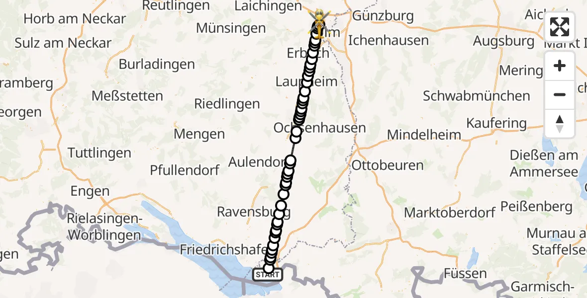 Routekaart van de vlucht: Rettungshubschrauber nach Ulm Military Hospital Emergency Heliport