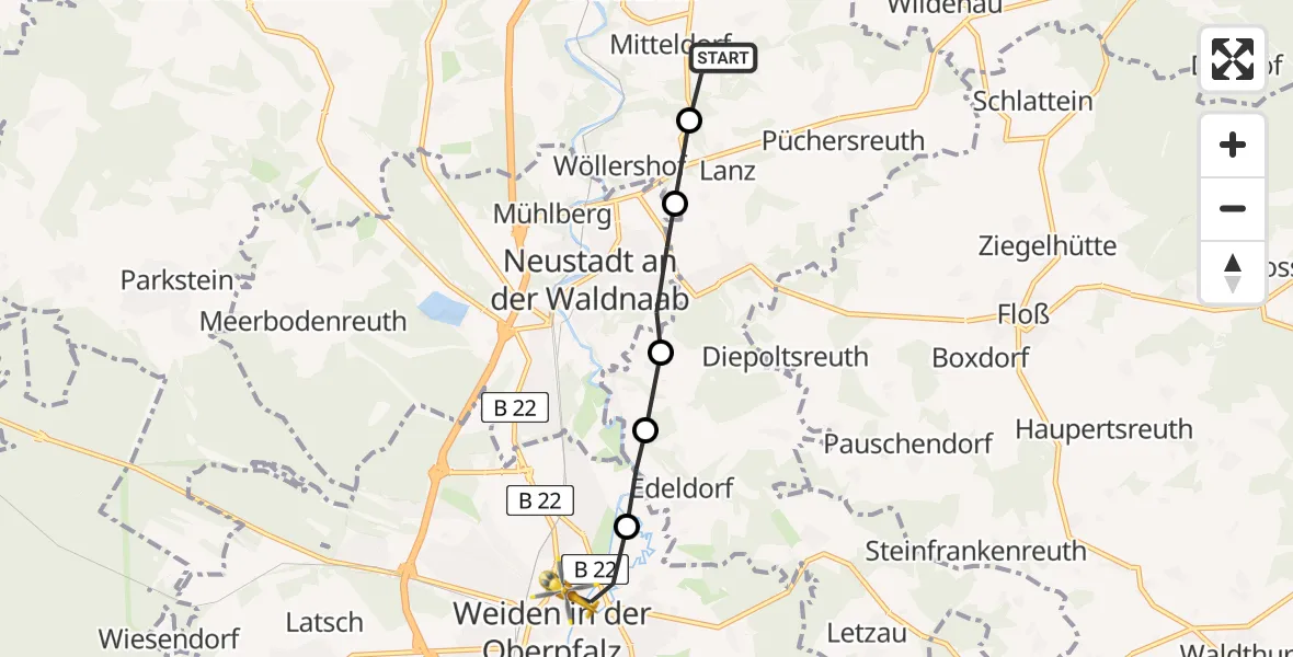 Flugroute Rettungshubschrauber Mitteldorf - Weiden Hospital, 17 März 2026, 17:14