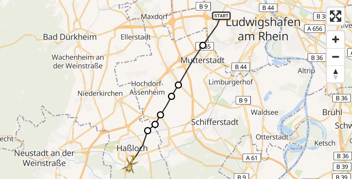 Flugroute Rettungshubschrauber Ludwigshafen am Rhein - Haßloch, 17 März 2026, 17:16