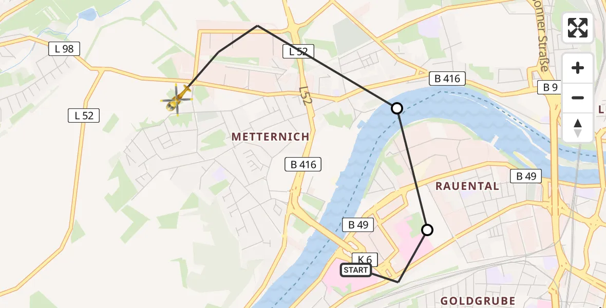 Flugroute Rettungshubschrauber Kemperhof Koblenz Clinic Heliport - Koblenz, 17 März 2026, 17:25